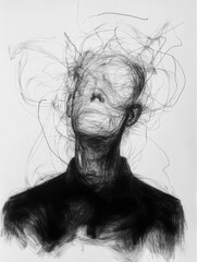 Fototapeta premium An abstract black-and-white sketch of a faceless figure with swirling lines emanating from its head, evoking feelings of chaos and introspection