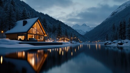 Fototapeta premium Cozy Cabin by the Serene Winter Lake at Dusk