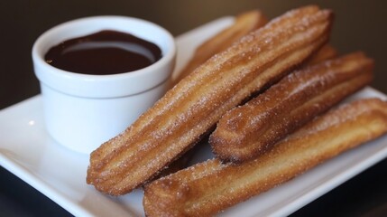 A plate of churros with a side of chocolate dipping sauce.