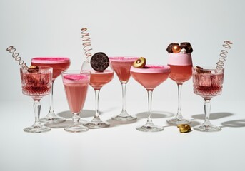 Elegant pink cocktails with creative garnishes in assorted glassware