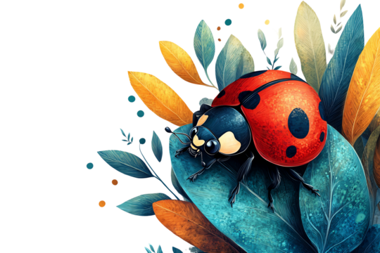 Colorful ladybug on vibrant leaves, showcasing nature's beauty in harmonious colors.