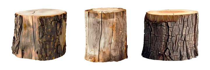 Collection of tree stumps set on transparent background. Generative ai design concept.