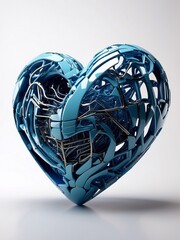 Mechanized holographic  heart with blue neon light. Illustration in the style of futurism for wallpaper. Photo realistic style.