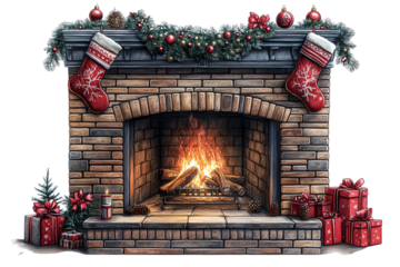 Cozy fireplace decorated for Christmas, warm flames, stockings, gifts, holiday spirit.