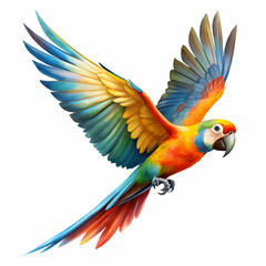 Brightly colored flying parrot on a white background, ideal for nature-inspired artwork and educational resources