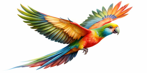 Fototapeta premium Brightly colored flying parrot on a white background, ideal for nature-inspired artwork and educational resources