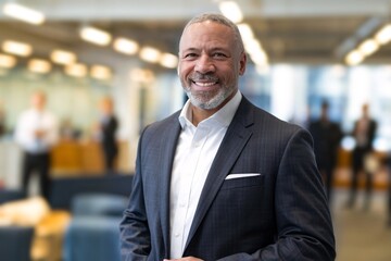 Fototapeta premium a middle-aged Black man with a neatly trimmed gray beard, wearing a suit and a white shirt. 