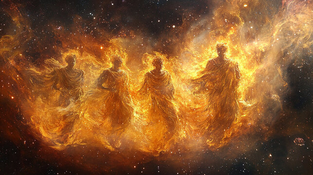 Shadrach, Meshach, and Abednego in the fiery furnace, depicted within a swirling nebula, highlighting their faith amidst trials, with copy space