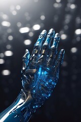 Futuristic mechanized arm with blue neon light in the center. Illustration in the style of futurism. Photo realistic futurism style.