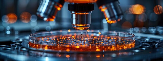 close up of scientistic microscope on blurred blue background. medicine of the future. concept of research. analysis and observation, innovation. banner 