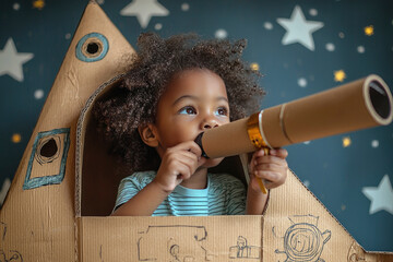 black, african american boy look through binoculars from handmade cardboard space rocket in children room , decorated stars and planets.  DIY concept