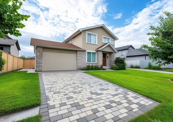 Fototapeta premium Modern Home with Stone Accents and Elegant Brick Driveway