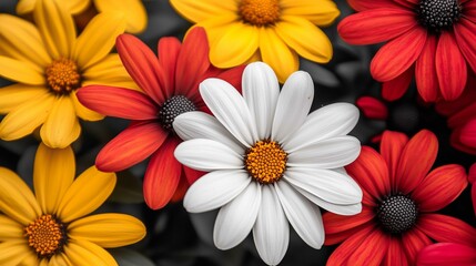 Fototapeta premium Red white flowers display gradient yellow computer soft texture daisy tones black background dreamy color greed daisies grey venetian 
