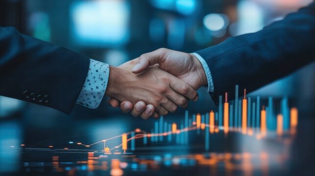 haking hands of partners for business on economic growth graph chart and global network connection of business. Business meeting and successful team.