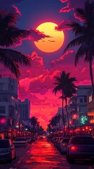 Naklejka premium Sunset on a City Street with Palm Trees and a Red Sky.