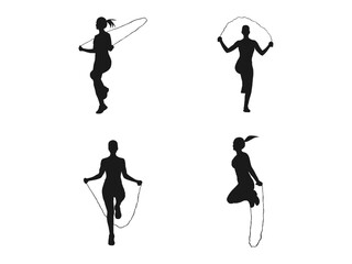 Jumping rope icon. Young fitness girl jumping rope. Healthy lifestyle. Slim body. Symbol for your web site design, logo, app, UI. Woman with Skipping Rope silhouette icon isolated on white background © ultra designer