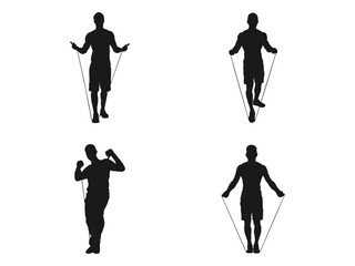 Young man jumping rope silhouette. Rope skipping, man skipping with jump rope silhouette. Aerobic exercises, jump activity, health concept. Skipping Rope silhouette icon isolated on white background.