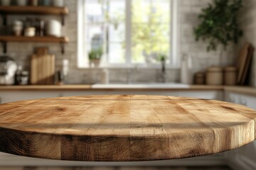 Fototapeta premium Empty round wooden table top with blurred background of modern kitchen interior.