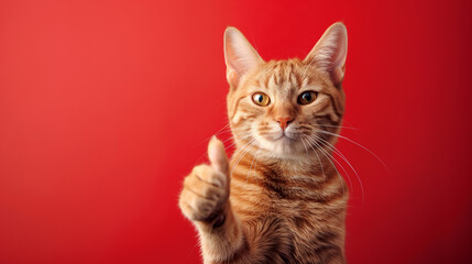 Obraz premium Portrait of a beautiful happy cat holding one thumbs up as a sign of excellent work