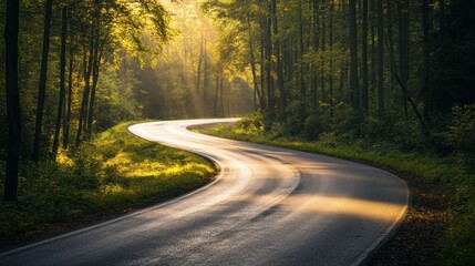 Fototapeta premium A winding road through a sunlit forest, creating a serene and inviting atmosphere.