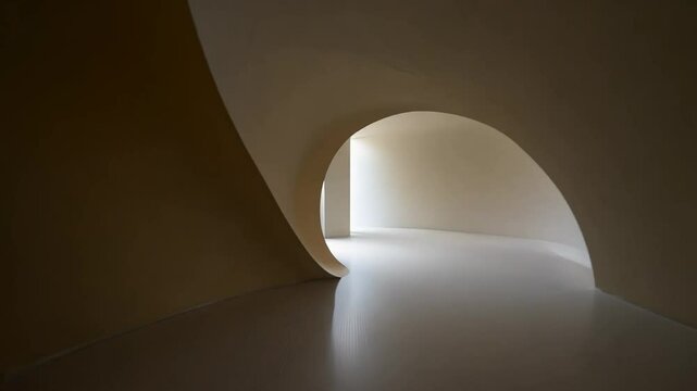 Camera zooms out from a minimalist bedroom with smooth, curved plaster walls, backlit to enhance the flowing lines