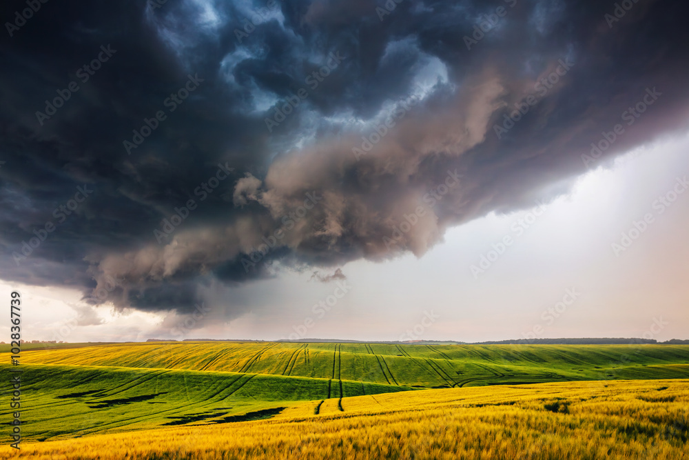 Poster dark and heavy clouds in front of the hurricane over a golden wheat field.