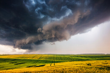 Dark and heavy clouds in front of the hurricane over a golden wheat field.