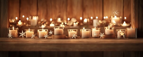 Relaxing ambiance with a variety of candles glowing on a rustic wooden shelf, creating a warm and inviting atmosphere.