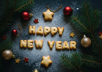 Festive cookies and pine branches celebrating a happy new year