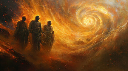 Shadrach, Meshach, and Abednego in the fiery furnace, depicted within a swirling nebula, highlighting their faith amidst trials, with copy space