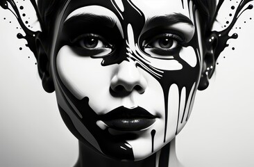 A striking black and white portrait of a girl&rsquo;s face, captured in an artistic style, highlights expressive features and emotions, blending shadows and light to evoke a captivating, timeless essence.