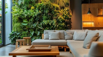 Obraz premium A modern living space featuring a cozy sofa, wooden accents, and a vibrant plant wall.