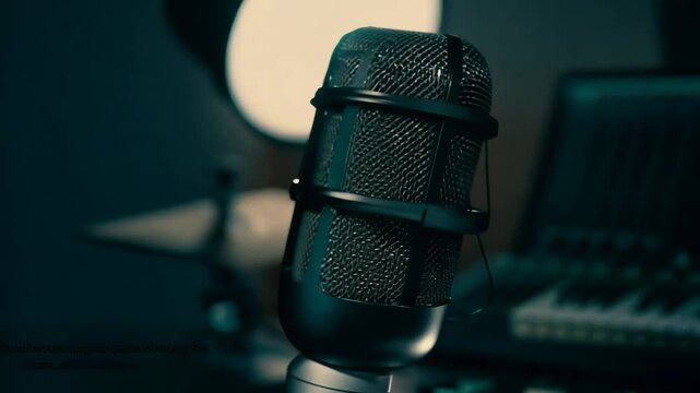 Camera movement and effects, 360-degree video, low key lighting, establishing scene, side view of vintage microphone in recording studio