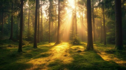 Obraz premium Sunlight shining trees forest grass morning sun rays background break dawn light technology fog searchlights wonder devotion sunbeams reaching towards heavens amazing inspiring 