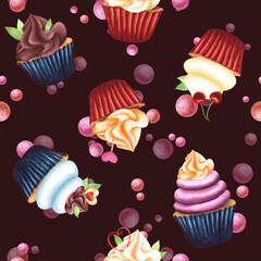 Cupcakes with cream, meringue, marshmallow decorated with mint, cherry, cookies. Seamless pattern hand-drawn with watercolors on a dark background. For design, packaging, textiles, menus, printing