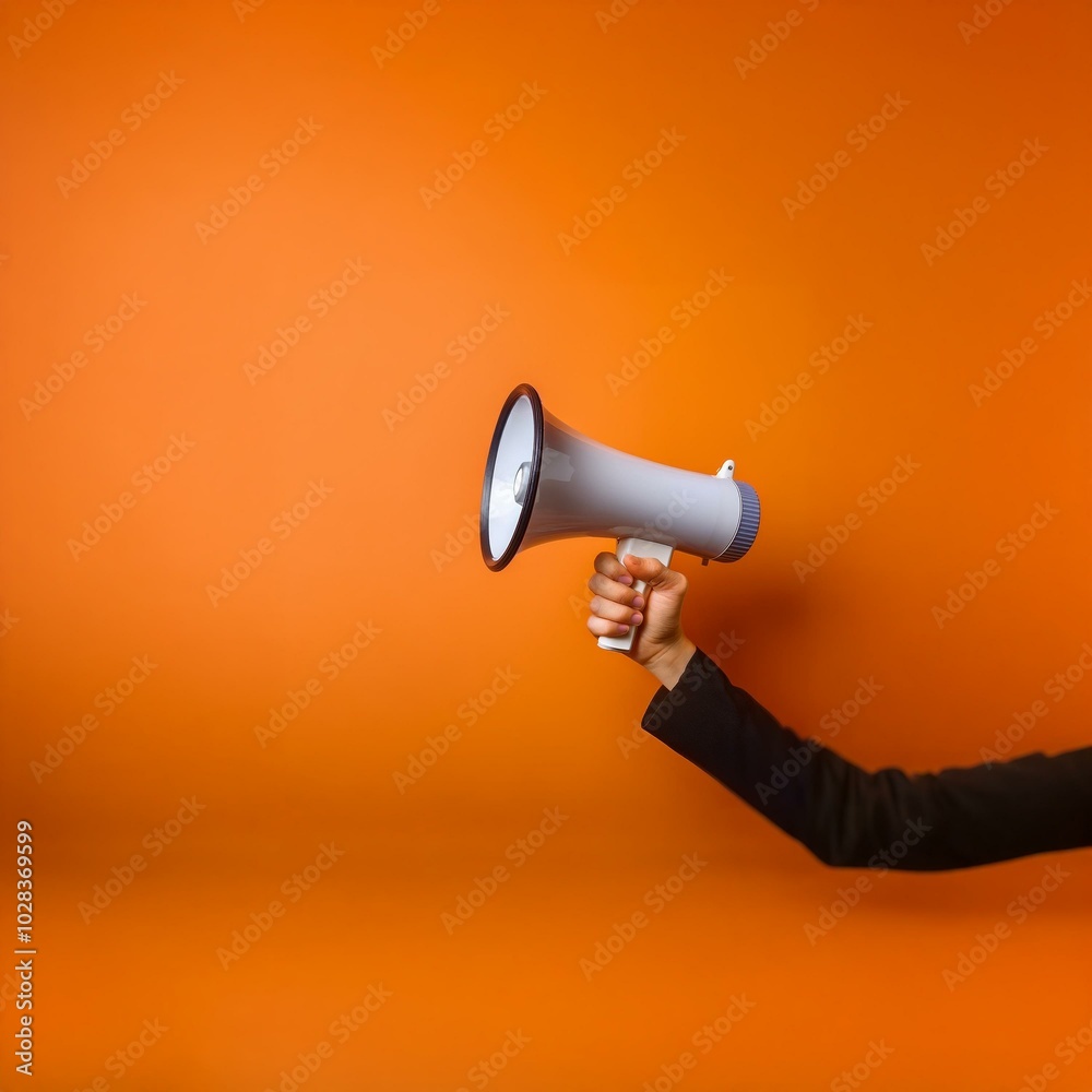 Wall mural a hand holding a white megaphone on an orange background.