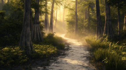 Fototapeta premium Morning Light Filtering Through Cypress Trees - Idyllic Forest Walk