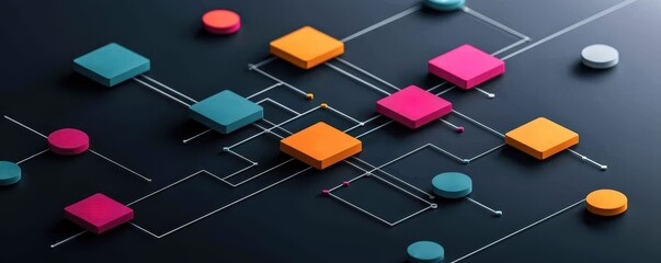 Colorful abstract flowchart design on dark background showcasing processes and connections.