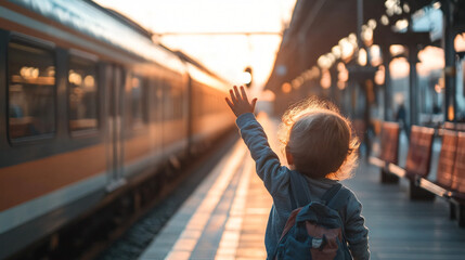A child waving goodbye to a departing train at a station.A child waving goodbye to a departing train at a station.