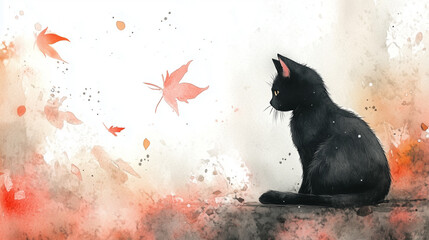 秋風に舞う紅葉を見つめる黒猫の水彩イラスト