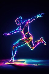 Holographic silhouette of a dancer glowing with vibrant colors against a dark background, showcasing fluid motion and a prismatic effect, emphasizing dynamic movement and futuristic appeal