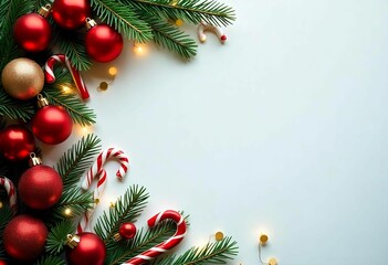 Christmas border with red ornaments and pine branches, blank writing space in the middle, candy canes and other festive decorations on a white background