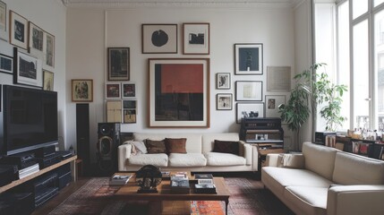 Minimal sofa arrangement, with a large mirror reflecting part of a gallery wall.