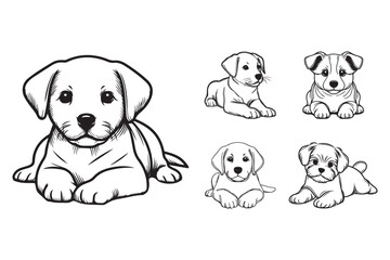 Line art featuring a playful small dog in a crawling position