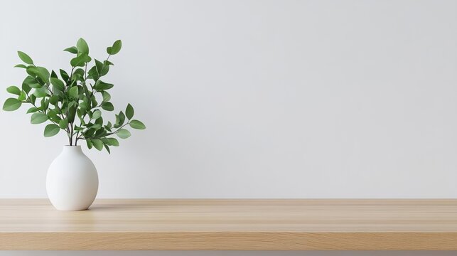 Clean wooden counter with a simple plant in a white vase, creating a modern, minimalist setup for product displays in a bright kitchen environment