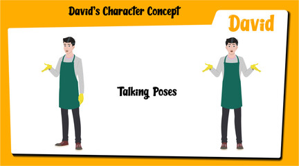 A housekeeper cartoon character talking AKA David. Caretaker cartoon vector character.