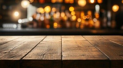 Empty wooden table surface in a lively bar environment, perfect for showcasing drinks or bar products with warm lighting and blurred bottles behind