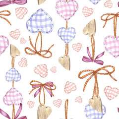 Pendants with hearts made of fabric and wood with jute ropes. Seamless pattern painted with watercolors on a white background. Collection for St. Valentine's Day. For design, textiles, souvenirs