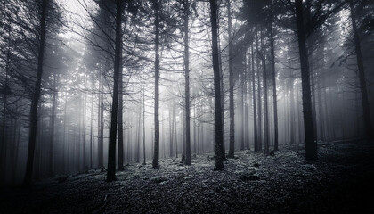 Obraz premium Scenic dark mystic forest with mist, tall trees, dramatic. Mysterious fog in woods, dusky landscape