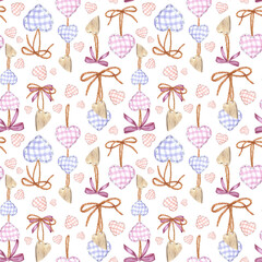 Pendants with hearts made of fabric and wood with jute ropes. Seamless pattern painted with watercolors on a white background. Collection for St. Valentine's Day. For design, textiles, souvenirs